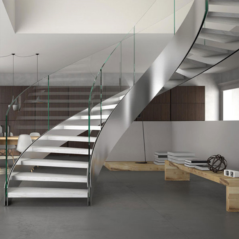 Luxury Villa Commercial Curved Wood Glass Marble Staircase Metals Stairs with LED Light